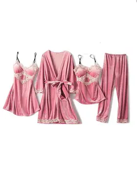 4PCS Velur Pižame Obleke Seksi Čipke Sleepwear Jopico More Femme Pozimi Pižamo Intimno Perilo Trak Nighty Salon Obrabe
