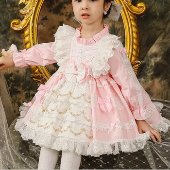 Baby dekle pomlad jesen španski žogo obleke obleko otroci šivanje čipke dolg rokav rojstni princesa obleko