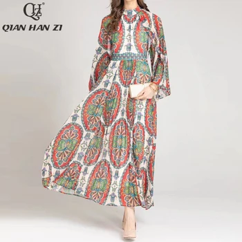 QHZ Poletje Modni Oblikovalec vzletno-pristajalne Steze Maxi obleke za ženske Flare Rokav vintage vzorec tiskanja Slim naguban Indie Folk dolgo Obleko
