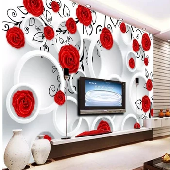 Dekorativne tapete Rdeče rose 3D tri-dimenzionalni krog TV ozadju stensko slikarstvo
