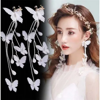 Metulj klinov korejski moda divje tassel beli cvet, metulj riž kroglice ročno osebnost ženski uhani 608