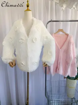 2022 Jeseni, Pozimi Nove Modne Pravljice Crocheting 3D Cvet V-neck Knitted Zgornji del Ženske Sladko Trend Mehko Ohlapen Pulover Jopico Plašč