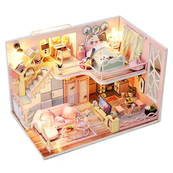 Lesena Lutka House Model Kompleti Miniaturni S Pohištvom Luči Cvet Zgodba Casa Diy Villa Lutke Igrače Odraslih Xmas Darila