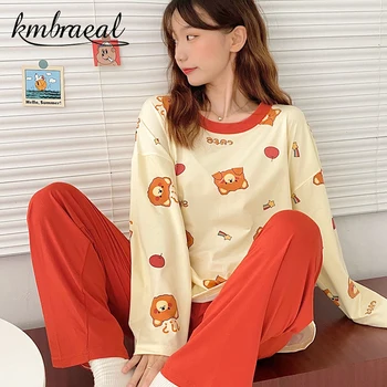 Korejski Pižamo Ženske Novo Jeseni Srčkan Risanka Tiskanja Pižame Dekleta Kawaii Medved Pijama Plus Velikost Sleepwear Nastavi 2 Kos Doma Obleko