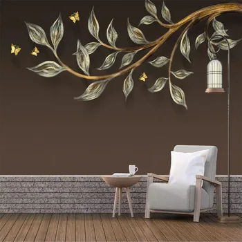 Po meri 3D Zidana Ozadje Za dnevno Sobo Ročno Poslikano Gold Leaf Reliefni Ptice In Rože Ozadje De Papel Parede Doma Dekor