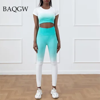Moda Gradient Barve Elastični Športni Set za Ženske, Kratek Rokav, Dolge Hlače Ujemanje Obleko Fitnes Vadbo Suh Dva Kosa Določa