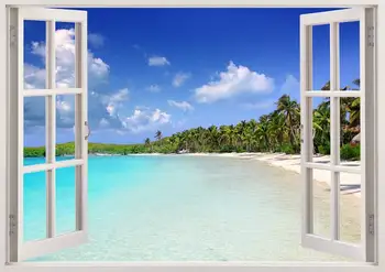 Tropski karibske plaže vinilna 3D oknu, tropski plaži stenske nalepke, spalnica dekor, plaža stene decals je velik wall art soba