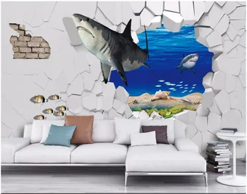 3d prostoru ozadje po meri, zidana Podvodnih morskih psov prekinitev stene, dekoracijo slikarstvo foto tapete za stene 3d stenske freske