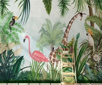 Prilagodite katero koli velikost samolepilne tapete zidana Nordijska deževnega gozda flamingo žirafa ozadju stenske nalepke photo steno stensko