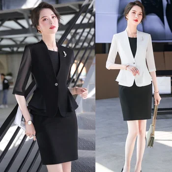 Novo leto 2020 Modne Dame Črn Blazer Ženske, Poslovne Obleke, Obleka in Jakna, ki Določa Delo Nosijo Uniforme Pol Rokav