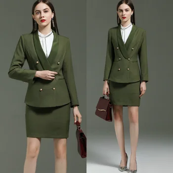 Jeseni leta 2022 temno zeleno obleko za ženske 2-kos Krilo Nastavite žensk obleko urad obleko, krilo plašč in krilo obleko, plašč in krilo set
