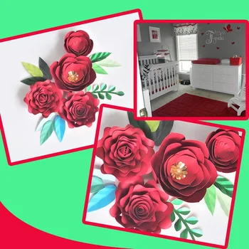 DIY Velikan papirnate Rože Rdeče Rose Fleurs Kulise 4pcs+10 Dopusta Za svate Okraski Otroka Vrtec Video Tutorial