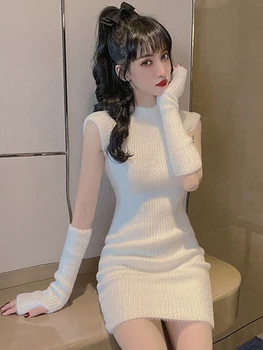 Seksi Sladko Haljo Slim Zaviti Kolk O Dolgimi Rokavi Pulover Obleko Mini Vestidos Mujer Trdna Elegantno Korejski Moda Visoko Pasu Mozaik