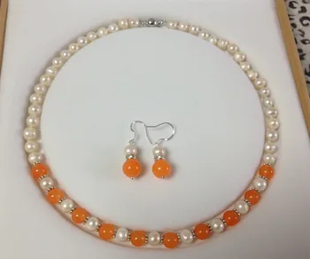 Vroče prodajo 7-8 MM Naravno Bela Akoya Kultivirani Biseri/Orange ogrlica, uhani določi Modni svate Zlatar
