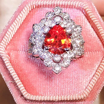 Nežno Oranžno-Rdeče Ruby Ovalne Fowers Polno Diamantni Par Obroč Za Ženske Geometrijske Cirkon Božično Darilo Nakit