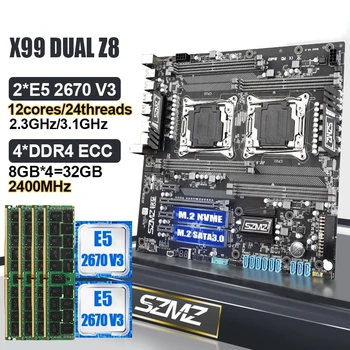 X99 Dual CPU matične plošče, Set LGA 2011 V3 z dvema razdaljo 2670 V3 Procesor 32 GB Pomnilnik DDR4 Osnovno Ploščo Montažo Kit Xeon X99 Combo