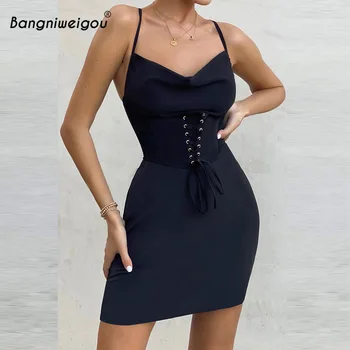 Bangniweigou korzet obavijen zavesa obleka ženske poletje špagete trakovi backless bodycon klub haljo mini obleke črna