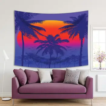 Tapiserija, Modro Nebo, sončni Vzhod z Rožnato Oranžno Sonce, Palme in Gore Silhueto Ozadju Tropski Plaži Prikaz Tiskane