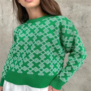 Spomladi leta 2022 Nove Ženske Mehki Pleteni Pulover Dolgo Jeseni KnitwearTop Priložnostne Skakalec Ženski pulover geometrijske jacquard