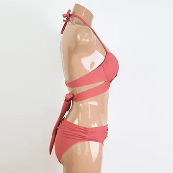Bikini Komplet Ruched Dekleta Kopalke Push-Up Modrc Visoko Rast Hlačnic Kopalke