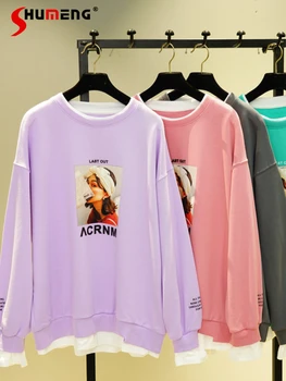 2022 Pomlad Jesen Novi korejski Slog Svoboden Prevelik Pulover Majica Ženske Candy Barve Mid-Dolžina Slika Tiskanje Hoodie Plašč