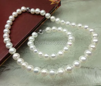 Resnično 10 mm bližini krog bela biserna ogrlica & zapestnica