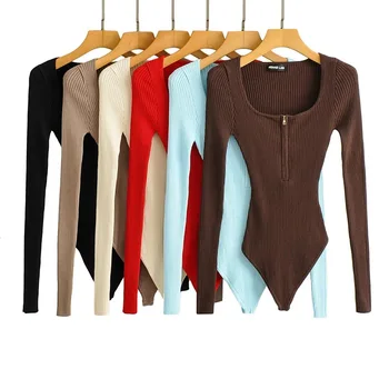 Nove Ženske Pletene Zadrgo Kvadratnih Ovratnik Bodysuits Elastična Slim Long Sleeve Solid Color Jumpsuits Jeseni, Pozimi Seksi Vrhovi Obleke