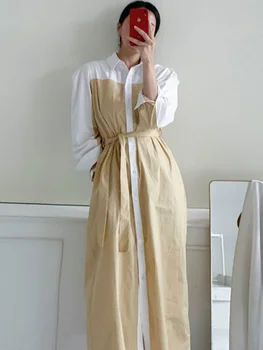 Korejski Elegantna River Mozaik Kontrastne Barvne Čipke Gor Pas Mehurček Rokav Shirt Obleko Ženske Novo 2022 Jeseni Mode Haljo G926