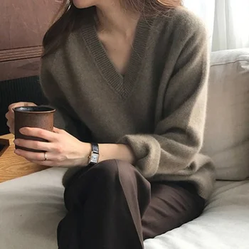 V-Vratu Jopica žensk jesen in zimo, dolgo rokavi top leni visoko občutek 2021 nov Pulover ohlapen pulover