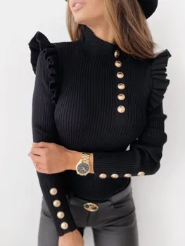 Spomladi leta 2021 nove ženske 's pleteno dno majica ogrlicom dolgo sleeved jamo gumb puloverju dno rokavi ženske