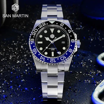 San Martin GMT Luksuzni Safir Moških Avtomatsko Mehansko uro 120 Klikov Keramične Plošče 200 M Vodotesen Svetlobni Datum Potapljač Watch